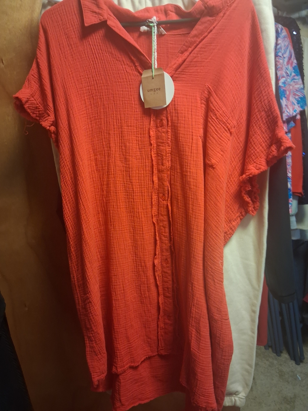 Umgee Coral-Red Button Front Gauze Shirt